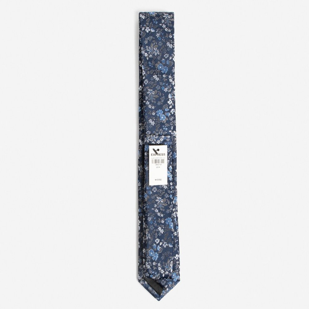NEW! Navy Blue Skinny Woven Floral Tie - Picture 3 of 4
